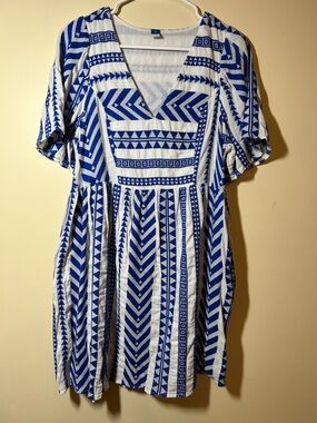 Blue & White Geometric V-Neck Women's Dress